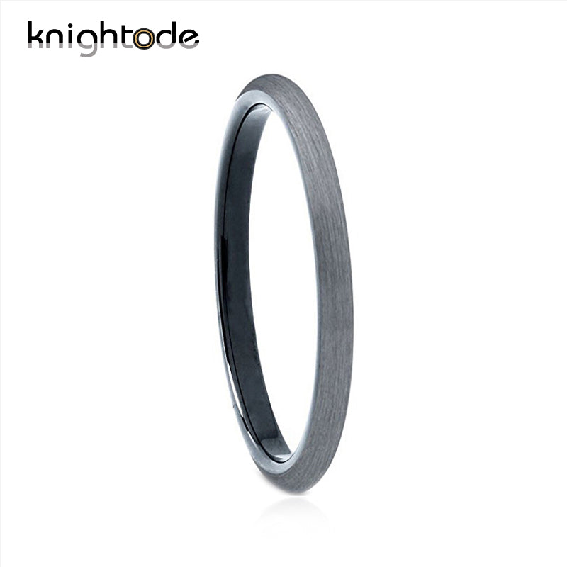 Knightode Black Tungsten Carbide Ring 2mm Women Wedding Band Silver Brushed Surface Black Comfortable Interior Dome Band