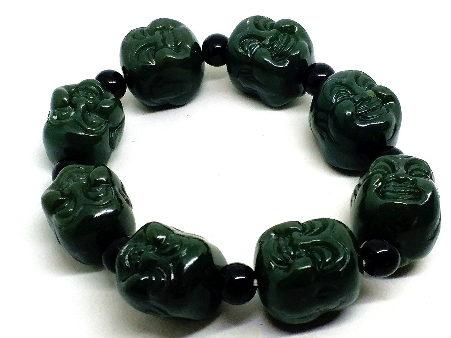 Fine Jewelry 18MM Mens Natural Dark Green Jade Carved Buddha Beaded Bracelet
