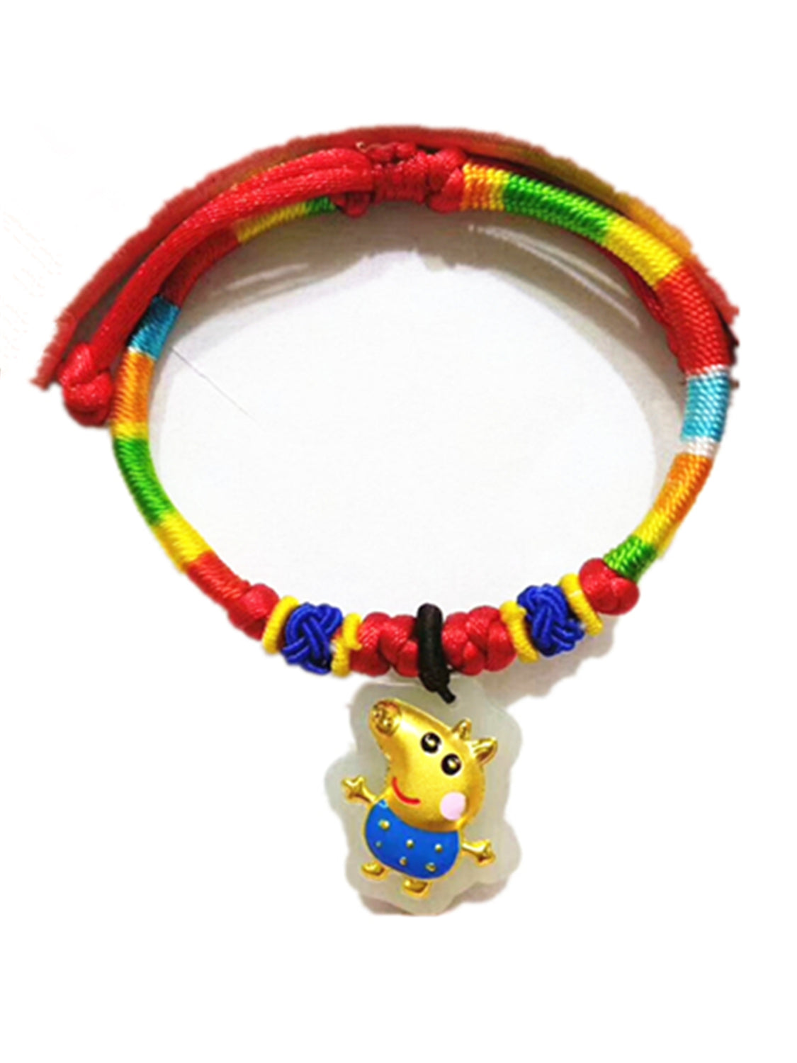 Fine Jewelry 24K Gold Inlaid Hetian Jade Pigs Cartoon Pendants Rainbow Rope Bracelet