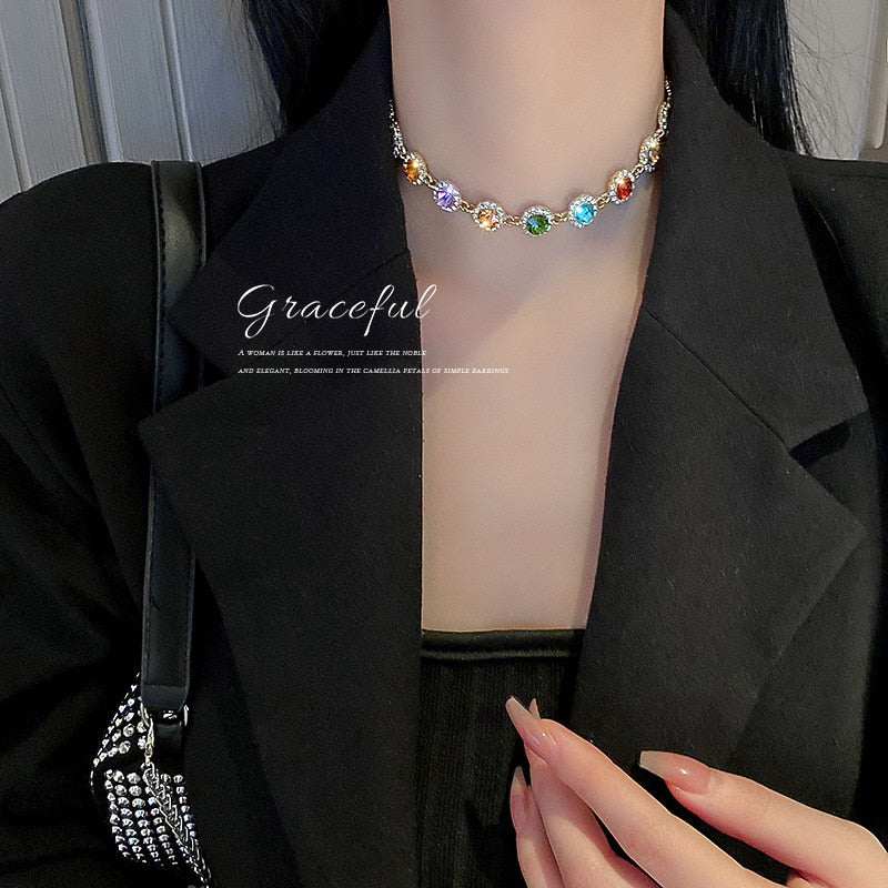 Korea East Gate Simple Personality Trendy Neck Chain Color Diamond Net Red Temperament Necklace
