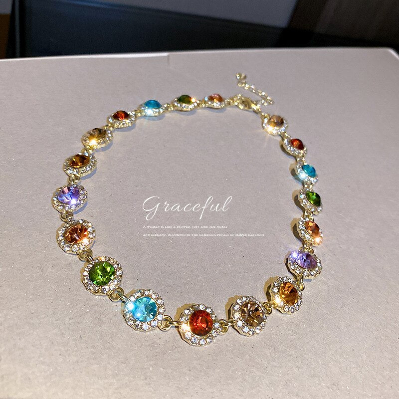 Korea East Gate Simple Personality Trendy Neck Chain Color Diamond Net Red Temperament Necklace