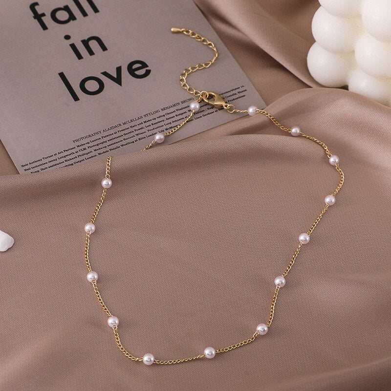 Korea Heart Beads Simple Sweet Pearl Necklace Joker Temperament Collarbone Chain Necklace Women Jewelry Accessories