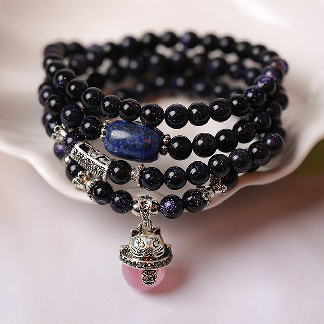 Korea Fashion Maneki Neko Natural Blue sand Bracelet Bohemia Style Thailand Buddha Buddhist Meditation Rosary Prayer Beads