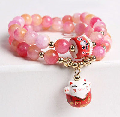 Korea Fashion Natural Crystal Maneki Neko Charm Bracelet Multi-layer Lucky Women's Jewelry Pinky Color Great Gift