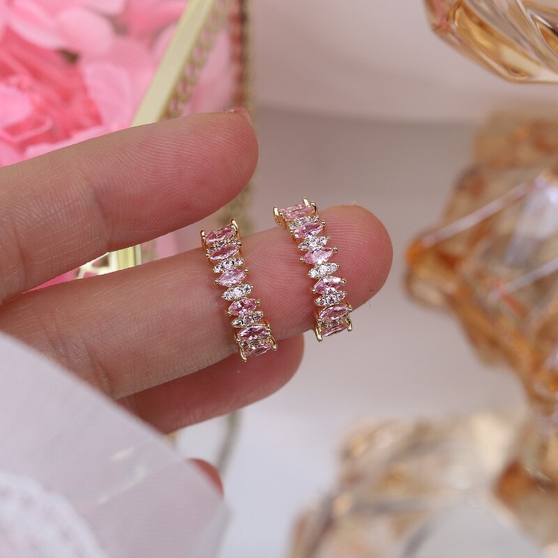 Korea Jewelry 14K Real Gold Plating AAA Pink Zircon Semicircle Simple Earrings Elegant Women's Daily Accessories