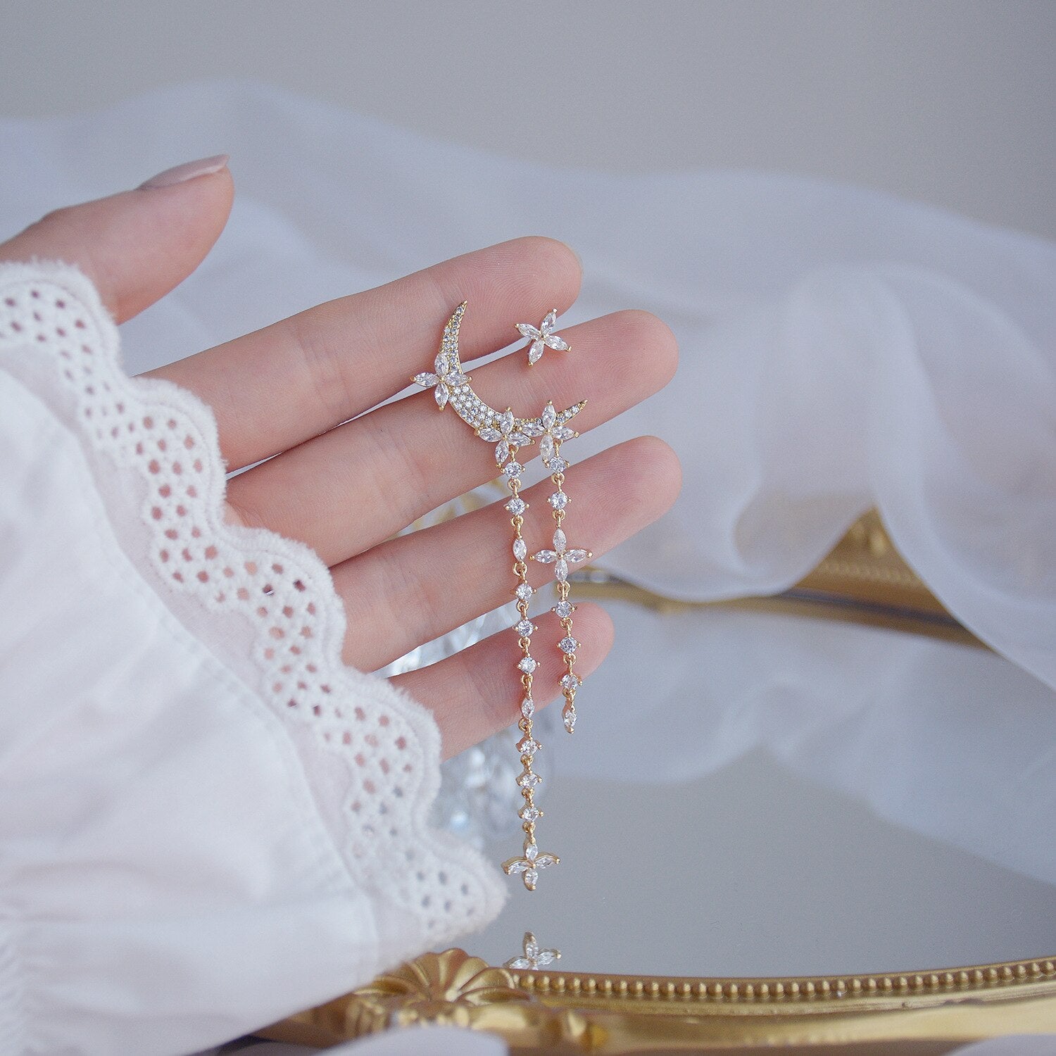 Korea Jewelry 14K Real Gold Plating AAA Zircon Flower Asymmetric Long Earrings Elegant Women's Wedding Accessories