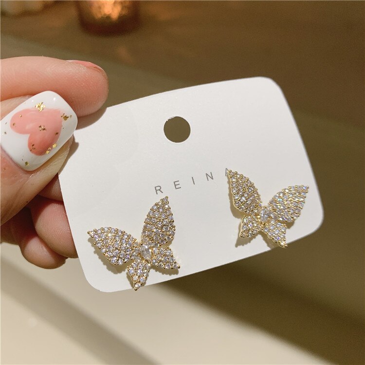 Korea Selling Jewelry 14K Real Gold Plating AAA Zircon Butterfly Earrings Elegant Women's Wedding Accessories