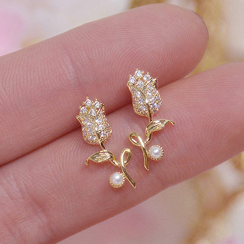 Korea Selling Jewelry 14K Real Gold Plating Copper Zircon Earrings Elegant Tulip Women's Wedding Party Earrings