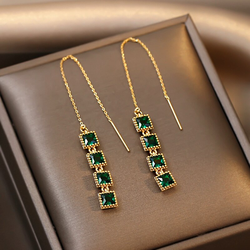 Korea Selling Jewelry Exquisite Copper Inlaid Zircon Green Square Earrings Elegant Women's Wedding Accessories