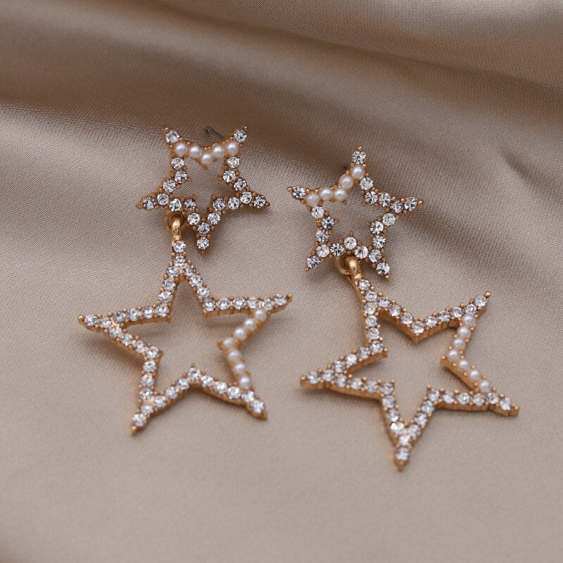 Korea Selling Jewelry  Double Pentagram Crystal Pearl Earrings Elegant Women Bar Party Accessories