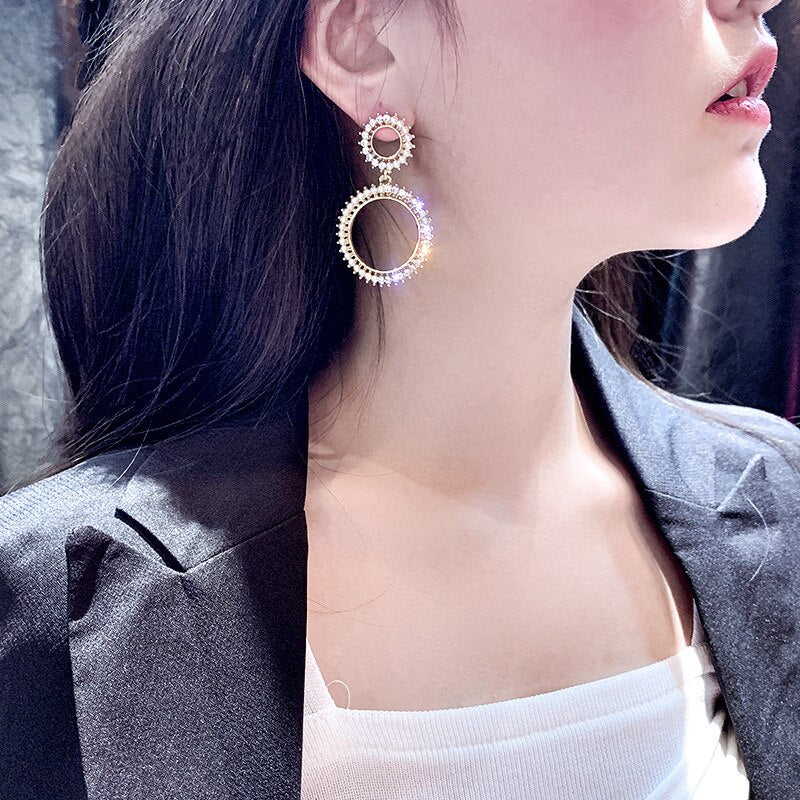 Korea Selling Jewelry  Double Pentagram Crystal Pearl Earrings Elegant Women Bar Party Accessories