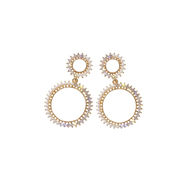 Korea Selling Jewelry  Double Pentagram Crystal Pearl Earrings Elegant Women Bar Party Accessories