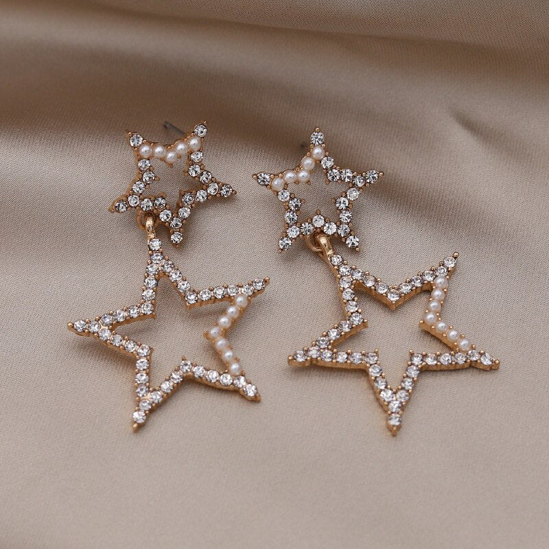 Korea Selling Jewelry  Double Pentagram Crystal Pearl Earrings Elegant Women Bar Party Accessories