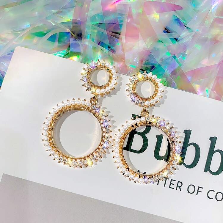 Korea Selling Jewelry  Double Pentagram Crystal Pearl Earrings Elegant Women Bar Party Accessories
