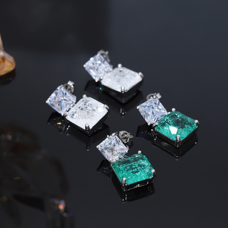 Korea Selling Jewelry  Double Square Zircon Cracked Green Pendant Earrings Simple Women Prom Party Accessories