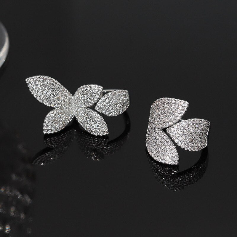 Korea Selling Jewelry  Full Zircon Leaf Petal Ring Elegant Women Wedding Party Opening Adjustable Accessories