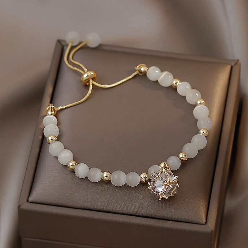 Korea Selling Jewelry Simple Zircon Ball Opal Bead Stretching Adjustable Bracelet Elegant Women's Daily Accessories