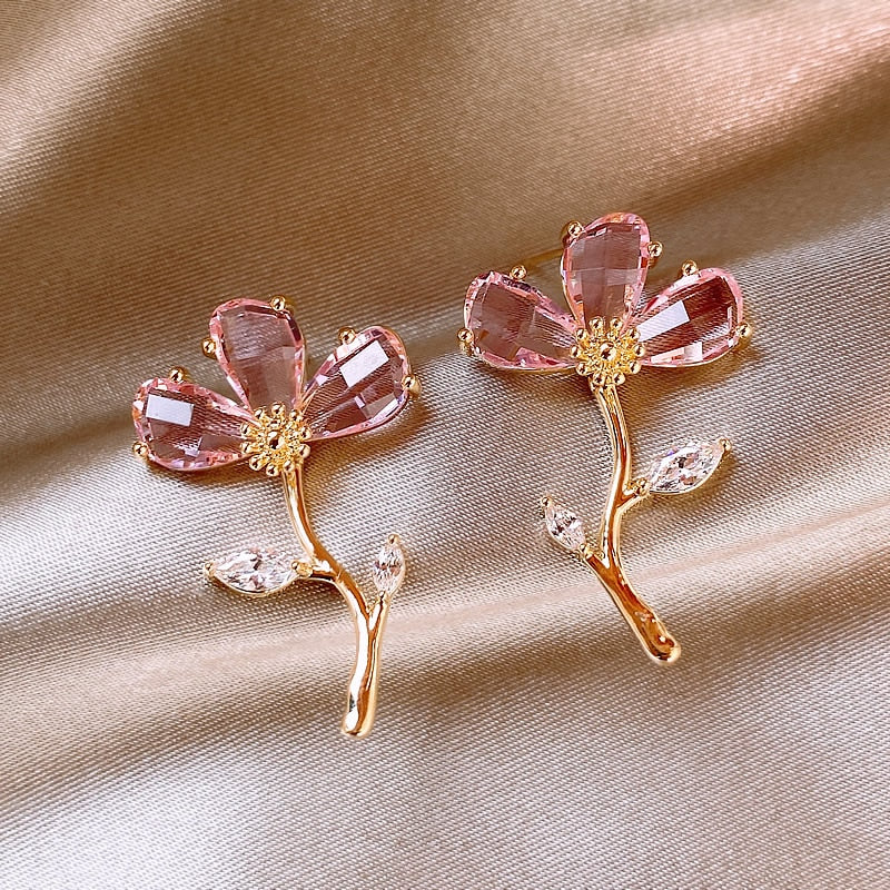 Korea Design Jewelry 14K Gold Plated Crystal Flowers Leaves Pink Earrings Elegant Women's Party Accessories