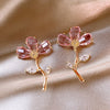 Korea Design Jewelry 14K Gold Plated Crystal Flowers Leaves Pink Earrings Elegant Women's Party Accessories