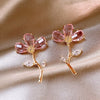 Korea Design Jewelry 14K Gold Plated Crystal Flowers Leaves Pink Earrings Elegant Women's Party Accessories