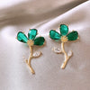 Korea Design Jewelry 14K Gold Plated Crystal Flowers Leaves Pink Earrings Elegant Women's Party Accessories