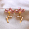 Korea Design Jewelry 14K Gold Plated Crystal Flowers Leaves Pink Earrings Elegant Women's Party Accessories