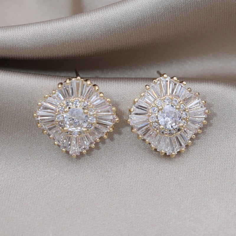 Korea Design Jewelry 14K Gold Plated  Copper Set Zircon Square Earrings Elegant Women's Daily Work Accessories