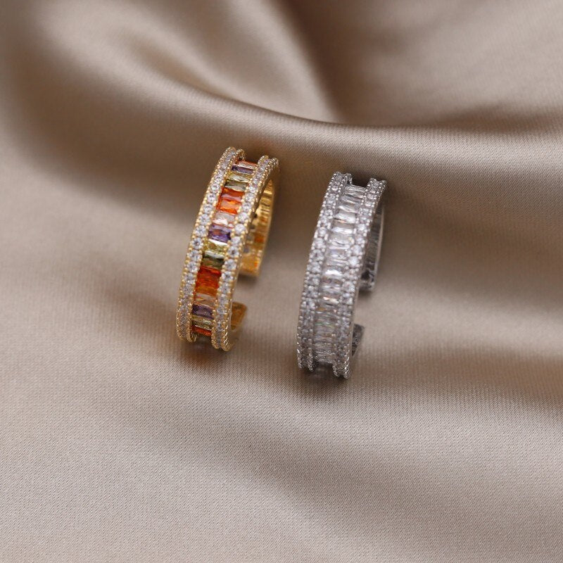 Korea Design Jewelry 14K Gold Plated  Full Zircon Color Ring Elegant Women's Daily Work Open Ring Accessories