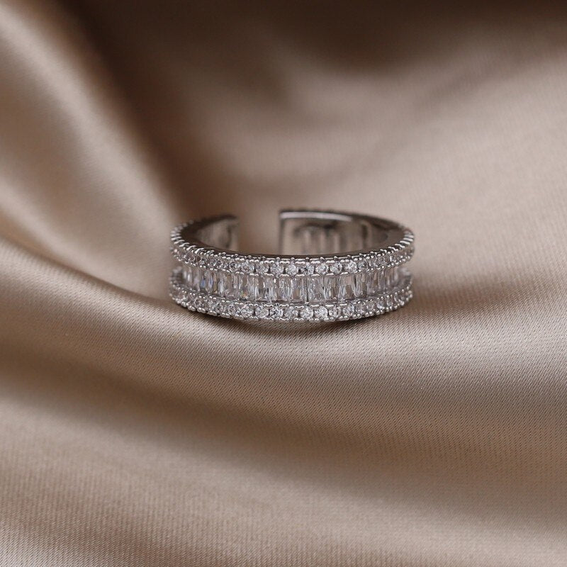 Korea Design Jewelry 14K Gold Plated  Full Zircon Color Ring Elegant Women's Daily Work Open Ring Accessories