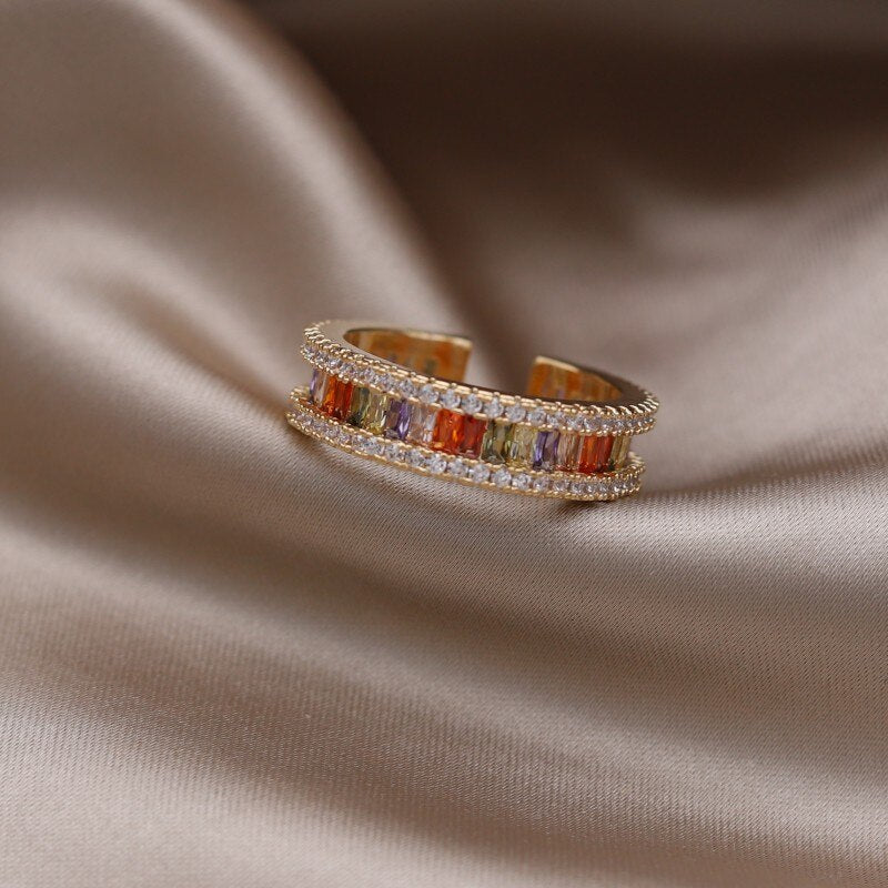 Korea Design Jewelry 14K Gold Plated  Full Zircon Color Ring Elegant Women's Daily Work Open Ring Accessories