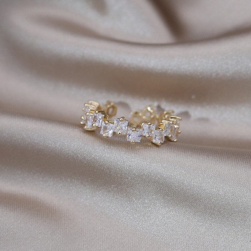 Korea Design Jewelry 14K Gold Plated  Full Zircon Square Ring Elegant Women's Daily Work Open Ring Accessories