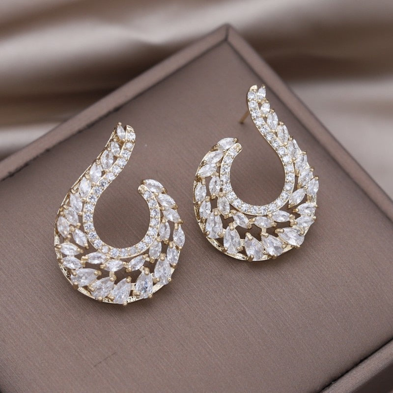 Korea Design Jewelry 14K Gold Plated  Letter U Full Zircon Earrings Elegant Women's Wedding Party Accessories