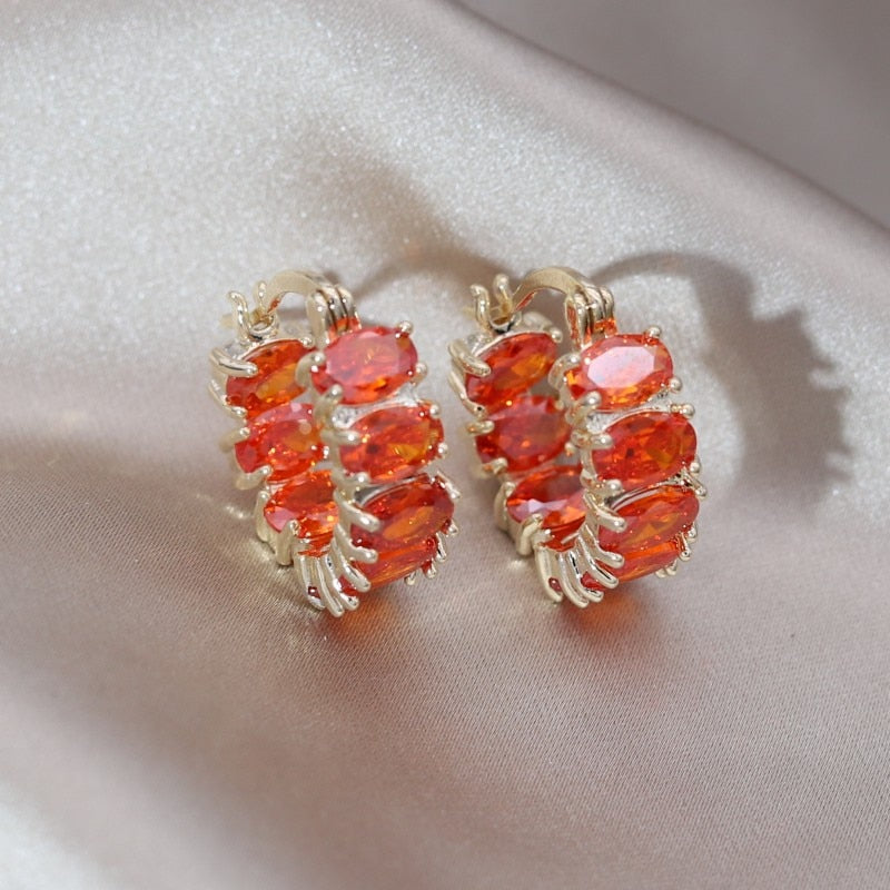 Korea Design Jewelry 14K Gold Plated  Orange Oval Zircon Round Earrings Elegant Women's Daily Work Accessories