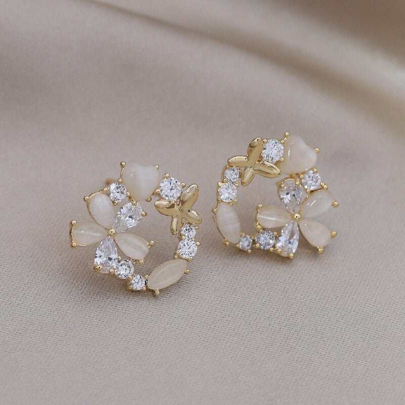 Korea Design Jewelry 14K Gold Plated Zircon Opal Flower Butterfly Earrings Elegant Women's Daily Work Accessories
