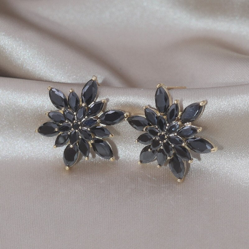 Korea Design Jewelry 14K Gold Plating  Black Zircon Flower Earrings Elegant Women's Gala Party Accessories