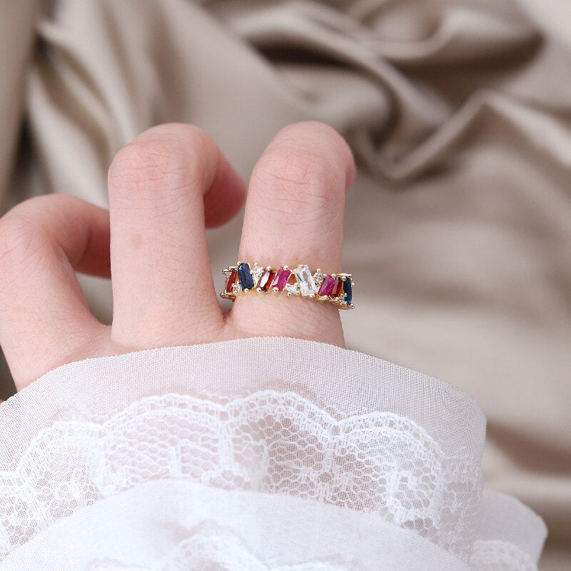 Korea Design Jewelry 14K Gold Plating  Color Irregular Zircon Ring Elegant Women's Daily Work Accessories