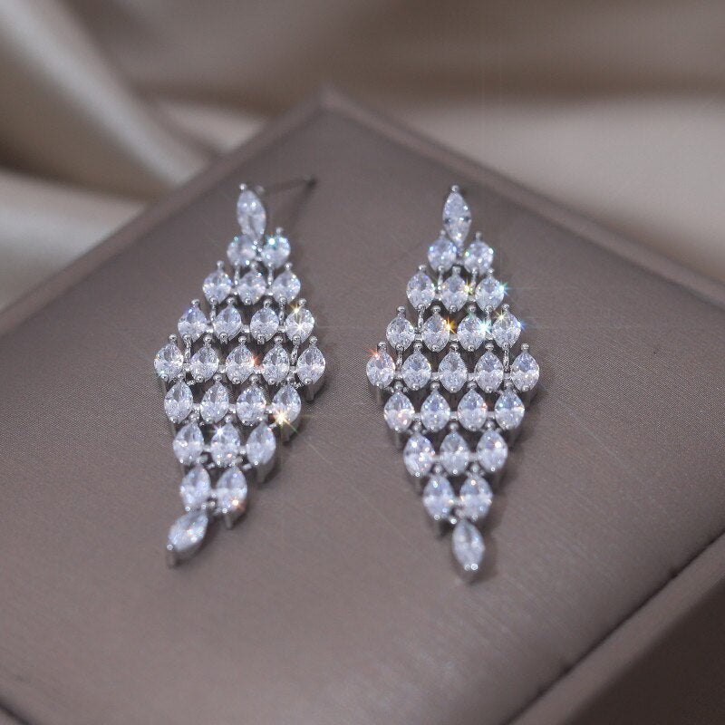Korea Design Jewelry 14K Gold Plating  Diamond Zircon Long Earrings Elegant Women Wedding Party Accessories