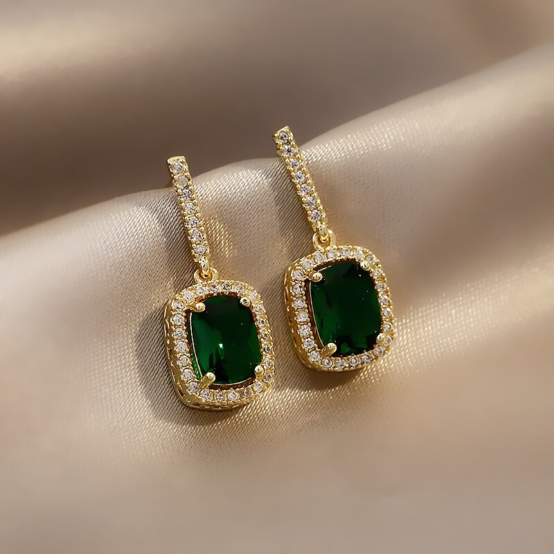Korea Design Jewelry 14K Gold Plating  Square Green Zircon Earrings Elegant Women's Prom Party Accessories