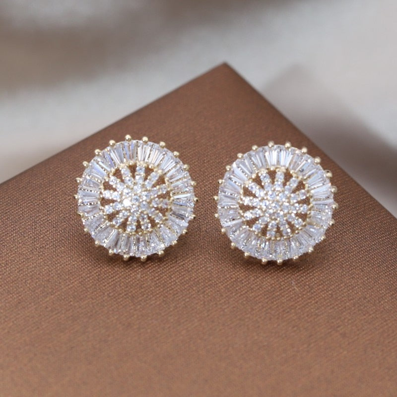 Korea Design Jewelry 14K Gold Plating  Star Mount Zircon Round Earrings Elegant Women's Daily Work Accessories