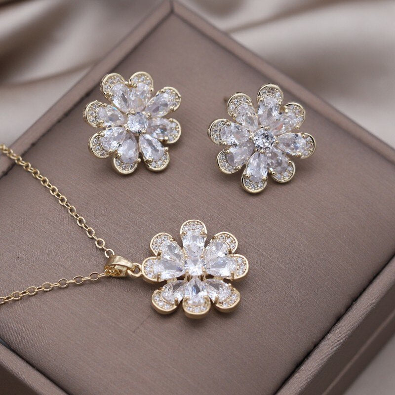 Korea Design Jewelry 14K Gold Plating  Zircon Flower Earrings Necklace Elegant Women's Party Accessories