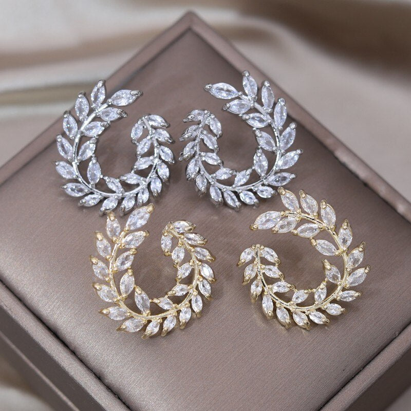 Korea Design Jewelry 14K Gold Plating  Zircon Leaf Flower Ring Earrings Elegant Women's Prom Party Accessories