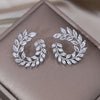 Korea Design Jewelry 14K Gold Plating  Zircon Leaf Flower Ring Earrings Elegant Women's Prom Party Accessories