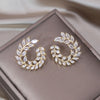 Korea Design Jewelry 14K Gold Plating  Zircon Leaf Flower Ring Earrings Elegant Women's Prom Party Accessories