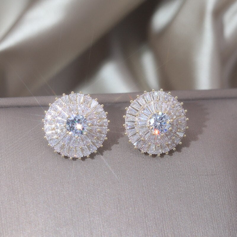 Korea Design Jewelry 14K Gold Plating  Zircon Round Earrings Elegant Women Wedding Party Accessories