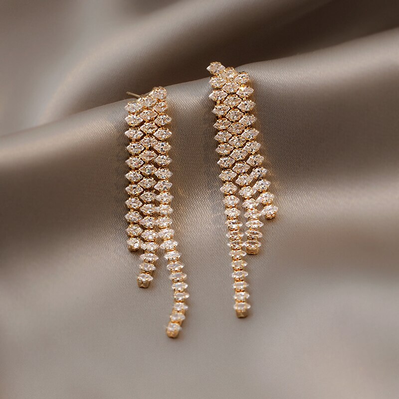 Korea Design Jewelry 14K Gold Plating  Zircon Tassel Long Earrings Elegant Women Wedding Party Accessories