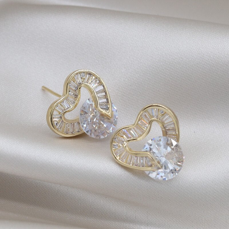 Korea Design Jewelry 14K Gold plated  Zircon Love Stud Earrings Elegant Women's Party Accessories