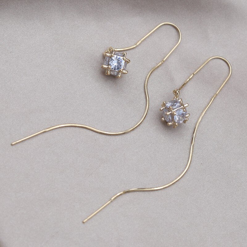 Korea Design Jewelry 14K Gold plated Square Zircon Round Ball Pendant Earrings Elegant Women's Long Slim Accessories