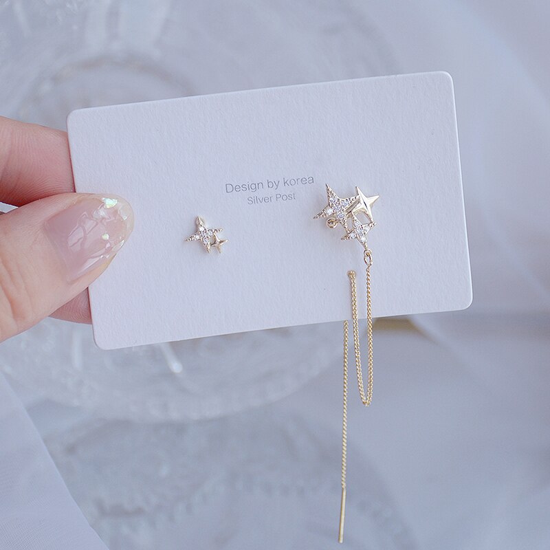 Korea Design Jewelry 14K Gold plated Zircon Asymmetric Star Chain Earring Elegant Women Wedding Accessories Pendant