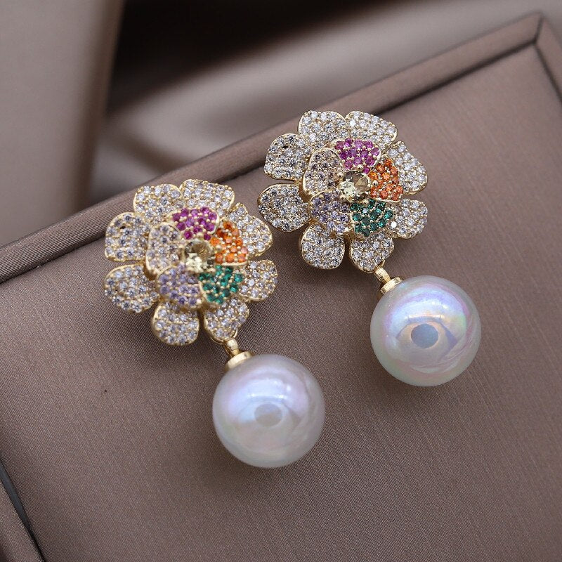 Korea Design Jewelry 14K Gold platied Zircon Stereo Flower Pearl Pendant Earrings Elegant Women's Party Accessories