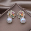 Korea Design Jewelry 14K Gold platied Zircon Stereo Flower Pearl Pendant Earrings Elegant Women's Party Accessories